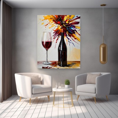 Glas Wein mit Weinflasche am Tisch