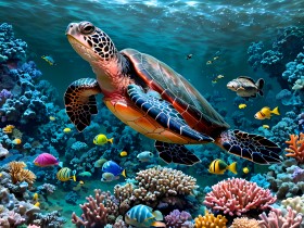 Schildkröte schwimmt unter einem Korallenriff