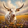 Longhorn Rind in einem Feld voller Wildblumen