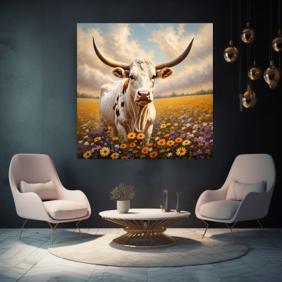 Longhorn Rind in einem Feld voller Wildblumen