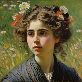 Claude Monet Stil - Frau Blumen im Feld alte Kunst Malerei