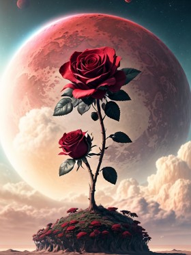 Rote Rose wächst auf einem Berg mit Rosen Wandbild