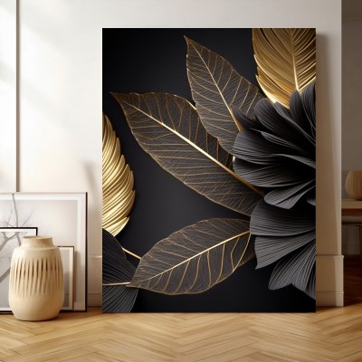 Schwarze Blätter Gold Pflanzen Wandbild Poster Leinwand