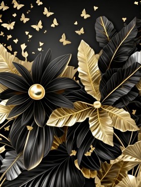 Pflanzenkomposition Schwarz Gold Blumen Pflanzen Leinwand