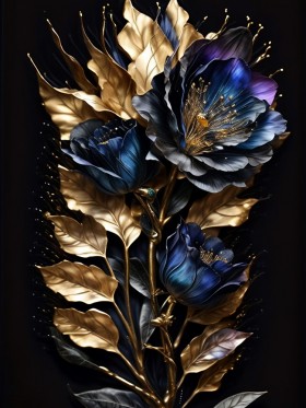 Gold Schwarze Und Blaue Blume Leinwand Poster Wohnzimmer Küche