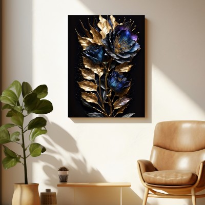 Gold Schwarze Und Blaue Blume Leinwand Poster Wohnzimmer Küche