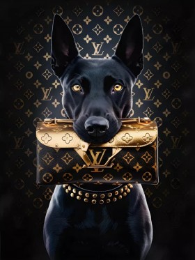 Hund Dobermann mit goldener Louis-Vuitton Tasche