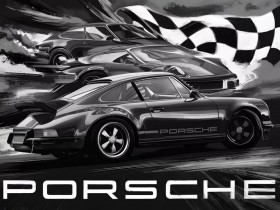 Auto Porsche Rennwagen Retro Style Wandbild S/W