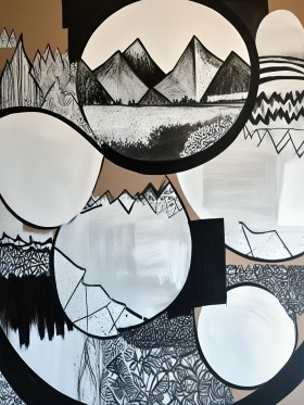Einzigartige abstrakte Wandmalerei in Schwarz, Weiß und Beige