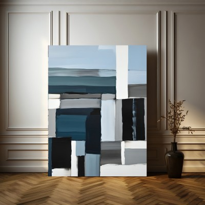 Abstrakte geometrische Komposition in Grau-, Blau- und Weißtönen