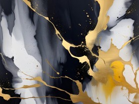 Abstrakte, Flüssigkeitsbasierte Malerei in Schwarz, Weiß und Gold