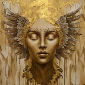 Gesicht Engelsflügel Wandbild Goldgelb Beige Modern