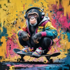 Affe Skateboard Kopfhörer Wandbild Lustige Tiere