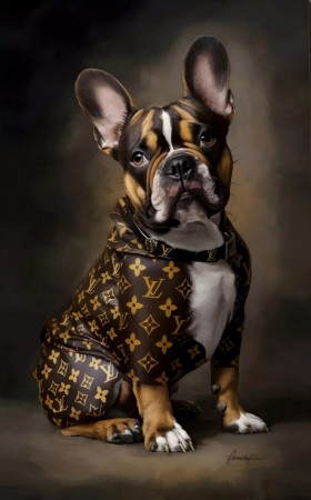Französische-Bulldogge im Louis-Vuitton Outfit Französische-Bulldogge im Louis-Vuitton Outfit