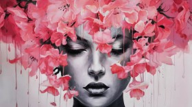 Gesicht Frau Rosa Blumen Blüten Gemälde Natur