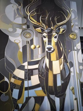 Hirsch Schwarz Gold Beige Grau Wandbild Abstrakt Tier