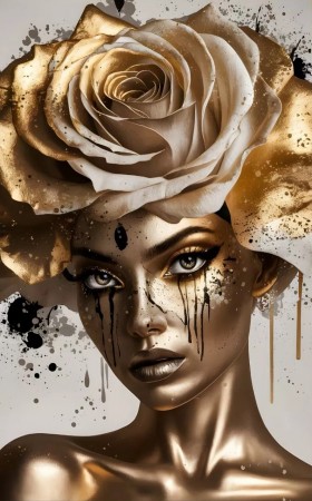 Frau Gesicht Golden Weiße Rosen Moderne Kunst