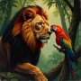 Löwe und Ara im Dschungel