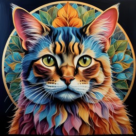 Farbenprächtige Katze mit Blätterornament Farbenprächtige Katze mit Blätterornament