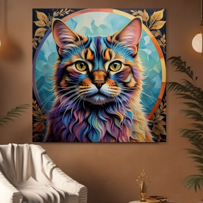 Farbenfrohes Katzenporträt mit goldenen Blättern
