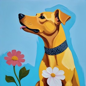 Fröhlicher Hund mit Blumen