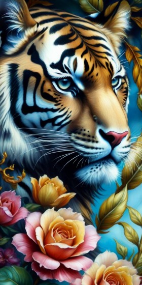Tigerporträt mit Rosen