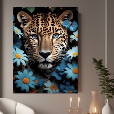 Leopard zwischen blauen Blüten