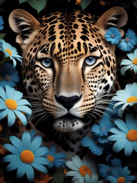 Leopard zwischen blauen Blüten