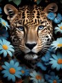 Leopard zwischen blauen Blüten