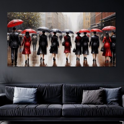 Regenspaziergang mit roten Schirmen