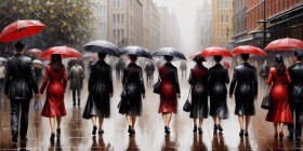 Regenspaziergang mit roten Schirmen