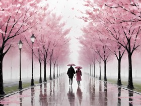 Kirschblütenallee im Regen