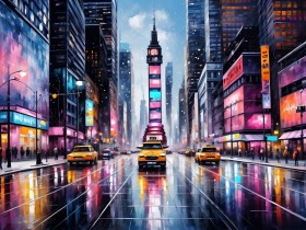 Neon City mit gelben Taxis