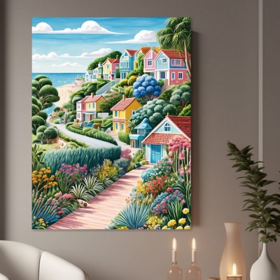 Bunte Küstenhäuser am Meer