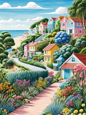 Bunte Küstenhäuser am Meer