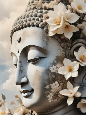 Buddha mit weißen Blüten