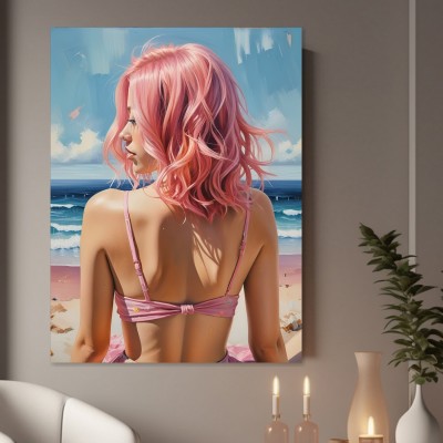 Pinkhaarige Frau am Meer