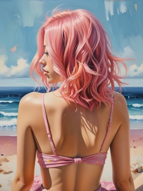 Pinkhaarige Frau am Meer