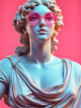 Antike Statue mit pinker Sonnenbrille Antike Statue mit pinker Sonnenbrille