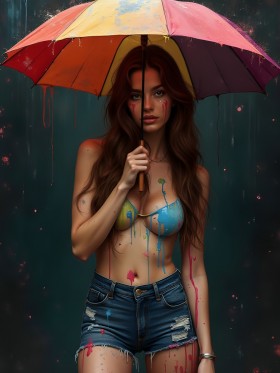 Frau mit buntem Regenschirm