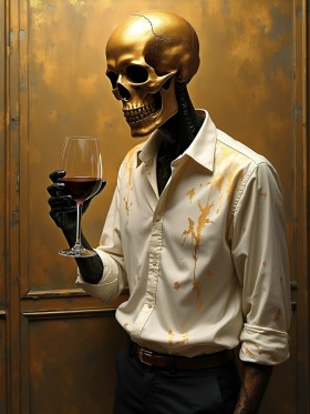 Goldener Totenkopf mit Rotwein