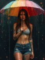 Frau unter buntem Regenschirm