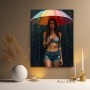 Frau unter buntem Regenschirm
