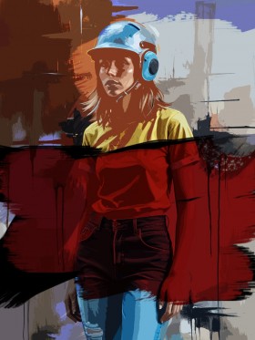 Urbane Frau mit blauem Helm