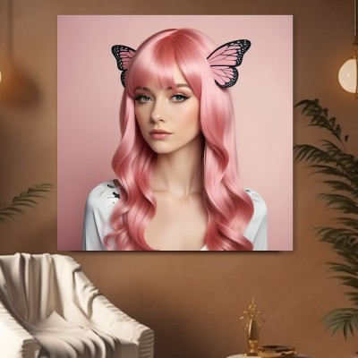 Porträt mit rosa Haaren und Schmetterlingen