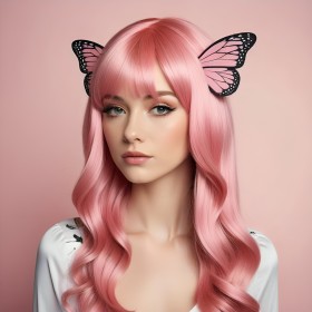 Porträt mit rosa Haaren und Schmetterlingen