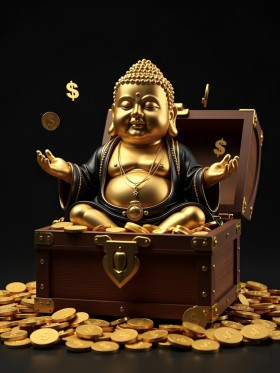 Goldener Buddha mit Schatztruhe