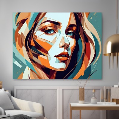 Geometrisches Frauenporträt in Türkis und Orange