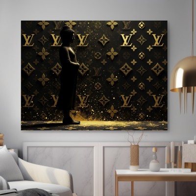 Buddha vor goldenem LV-Monogramm