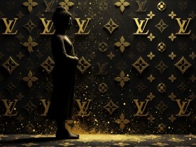 Buddha vor goldenem LV-Monogramm